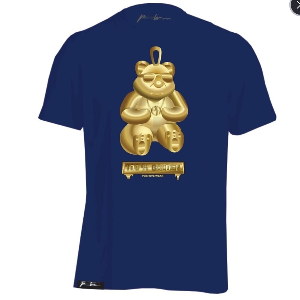 Positive Wear Mens Navy Blue T-Shirt Gold Bear Design